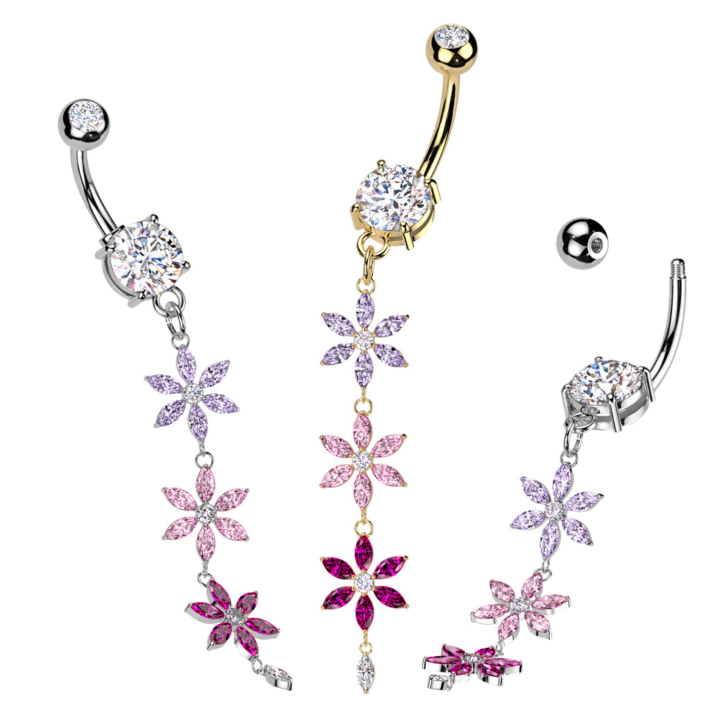 14G Surgical Steel Multicolored Triple Flower Dangle (10mm) Belly Ring